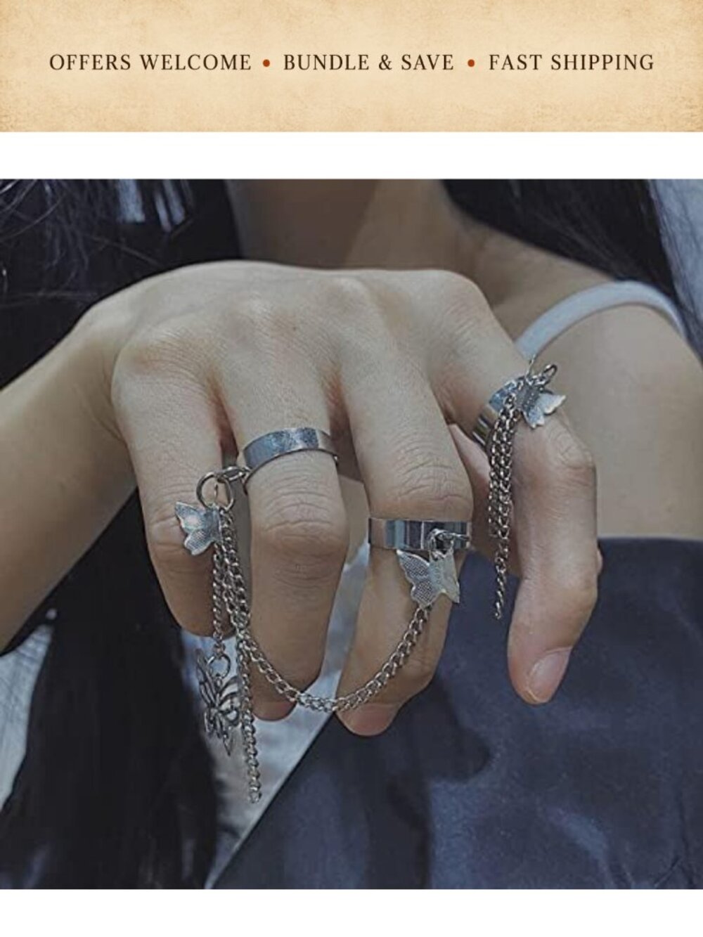 17pc Gothic Punk Chain Knuckle Rings Set Alloy Stackable Silver - Picture 6 of 6